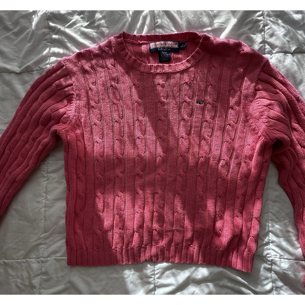 Girls Vineyard Vines Sweater Sz L (16-18) Pink Cableknit Crew Neck Long Sleeve